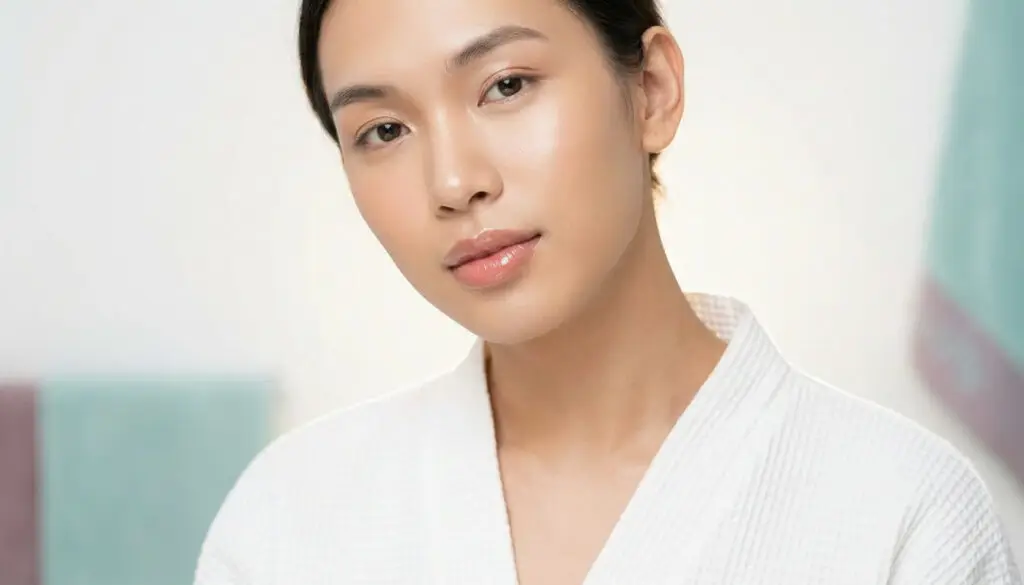 Close-up of a smiling woman with natural-looking lip fillers, luminous skin, and a soft beauty editorial style.