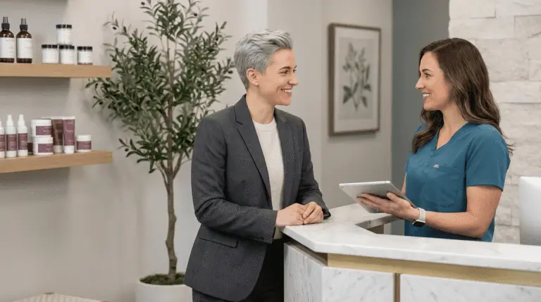 Warm medspa reception showing a provider greeting a well-dressed client in an upscale, calming lobby with marble accents and softly lit product shelves, conveying a concierge-style welcome.
