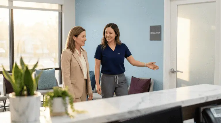 Front-desk scene at a modern medical spa showing a client being warmly guided by a provider toward a consultation room, bright natural light and a clean reception area with marble and greenery. The interaction is candid and professional, conveying trust and concierge-style care.
