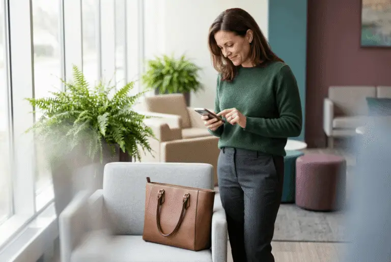 A professional woman in her early 40s stands in a calm, sunlit lobby checking her phone calendar next to a neatly packed tote, conveying efficiency and self-care. The scene is clean and softly lit with neutral seating and potted plants in the background.