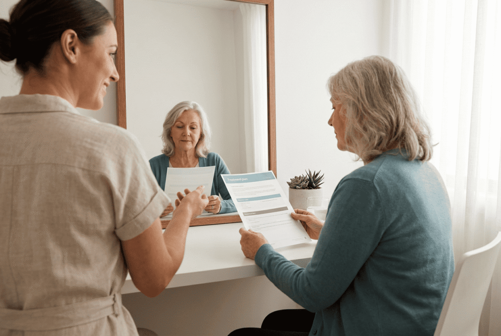 Client reviewing a treatment plan with provider during a medspa consultation, seated at a mirror in a bright, calming room.