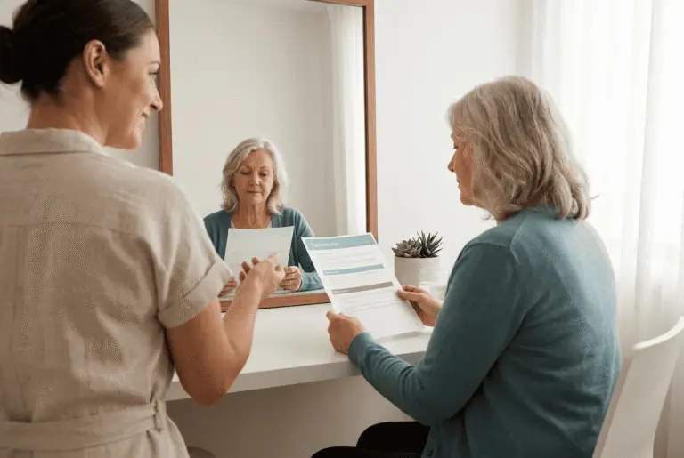 Client reviewing a treatment plan with provider during a medspa consultation, seated at a mirror in a bright, calming room.