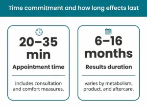 Infographic with a teal title bar reading “Time commitment and how long effects last,” plus two side-by-side teal-outlined cards showing “20–35 min” appointment time and “6–16 months” results duration with short explanatory notes.