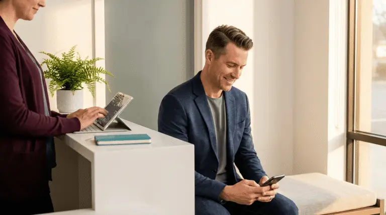 Warm, candid front-desk scene showing a client checking their phone while the receptionist schedules their next appointment in a bright, minimalist clinic reception with natural side light.