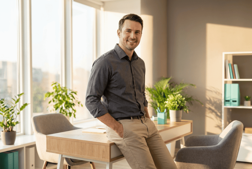 Well-groomed man in business-casual clothing leaning against a desk in a bright modern office, smiling confidently and appearing relieved in warm natural light.
