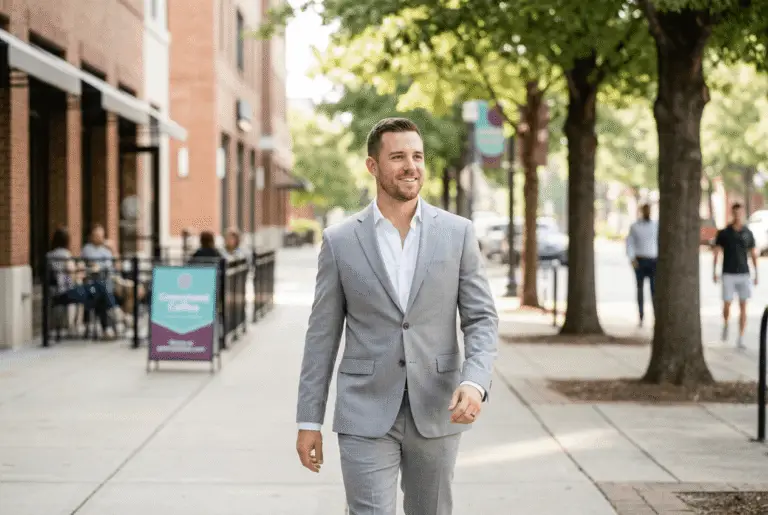 Confident man in a light-gray suit walking down a tree-lined urban avenue at morning light, captured mid-stride with a shallow depth of field that keeps him sharp against softly blurred cafes and sidewalks.