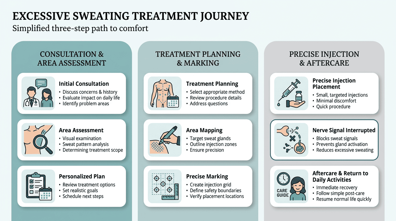 Infographic showing a clear, three-column treatment journey for excessive sweating with step-by-step labeled cards from consultation to injection placement and return to daily activities, plus a simple diagram showing how nerve signals to sweat glands are interrupted. Uses a warm medical illustration style with teal accents and rounded icons for clarity.