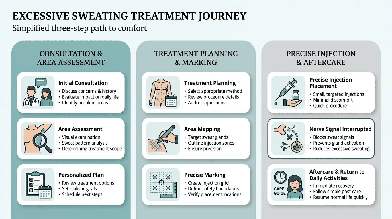 Infographic showing a clear, three-column treatment journey for excessive sweating with step-by-step labeled cards from consultation to injection placement and return to daily activities, plus a simple diagram showing how nerve signals to sweat glands are interrupted. Uses a warm medical illustration style with teal accents and rounded icons for clarity.