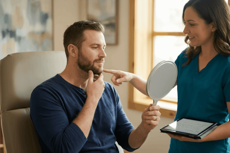 Man receiving a facial laser consultation as a provider in teal scrubs points to the beard and neck area on a handheld mirror in a calm spa-like treatment room with soft natural light.