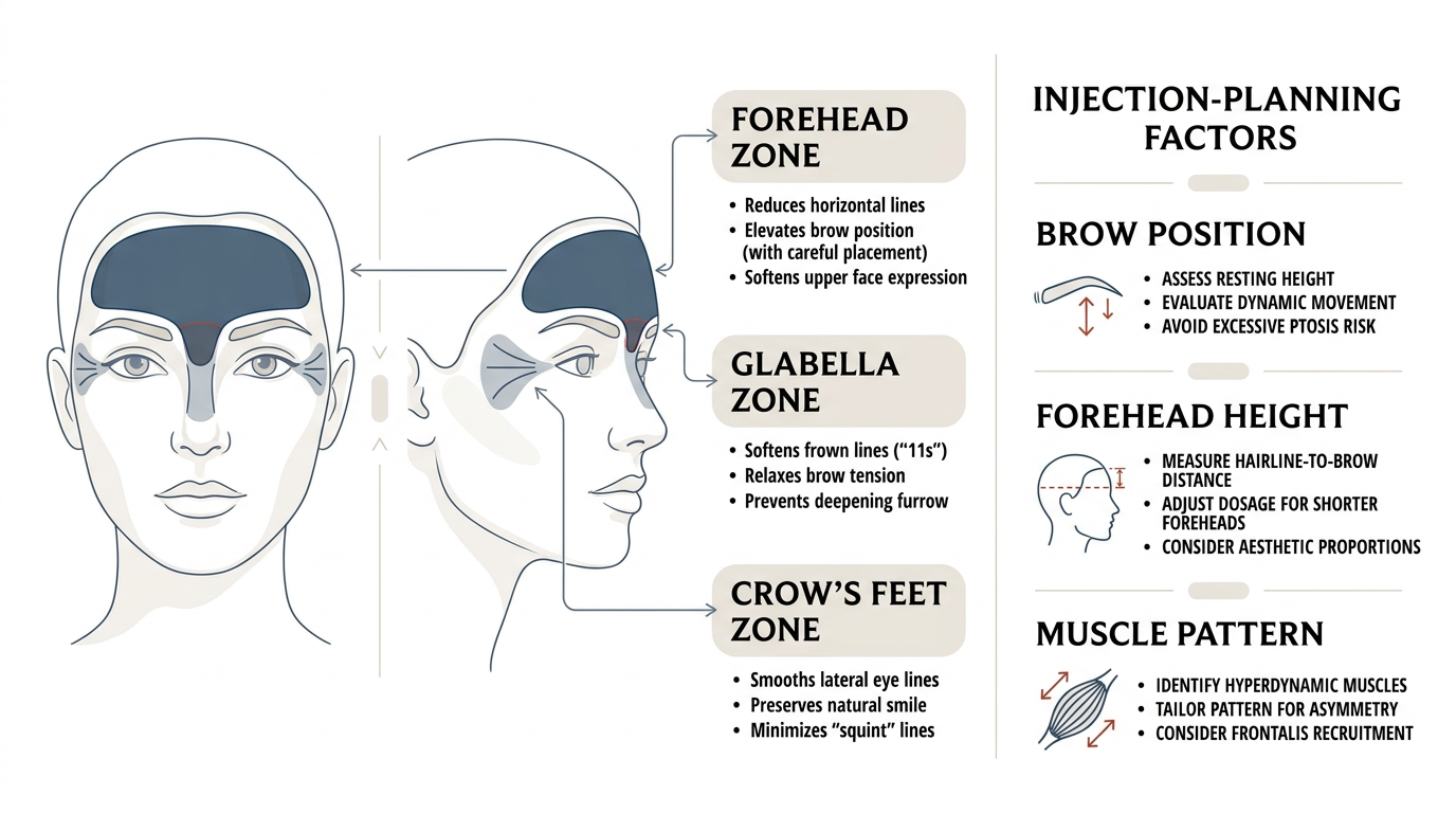 Clean infographic with three columns: left shows frontal and profile facial maps with forehead, glabella, and crow's feet highlighted; center has short callouts explaining each zone, and right lists injection-planning factors like brow position, forehead height, and muscle pattern.