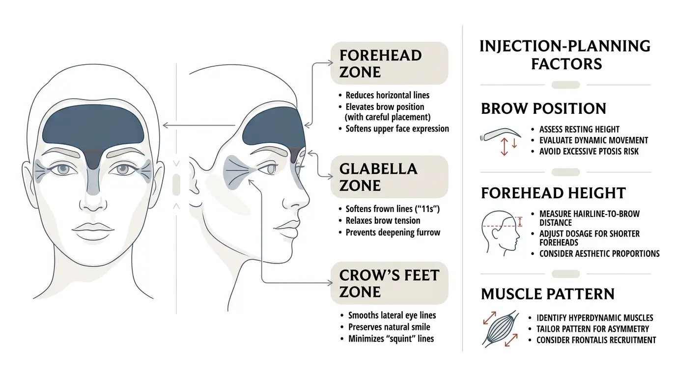 Clean infographic with three columns: left shows frontal and profile facial maps with forehead, glabella, and crow's feet highlighted; center has short callouts explaining each zone, and right lists injection-planning factors like brow position, forehead height, and muscle pattern.