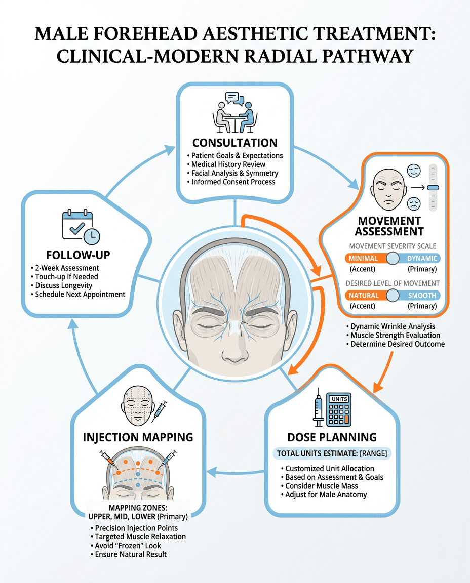 Radial infographic showing a forehead anatomy diagram at center with five surrounding steps for Botox treatment planning, highlighting anatomy, wrinkle severity, and desired movement as key inputs. Clean clinical style with clear headings and simple icons for consultation, assessment, dosing, mapping, and follow-up.