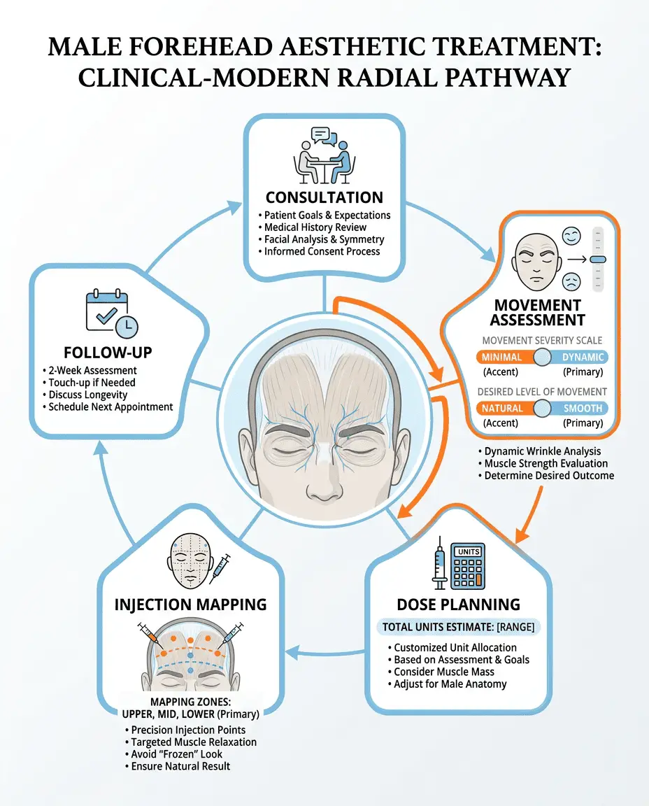 Radial infographic showing a forehead anatomy diagram at center with five surrounding steps for Botox treatment planning, highlighting anatomy, wrinkle severity, and desired movement as key inputs. Clean clinical style with clear headings and simple icons for consultation, assessment, dosing, mapping, and follow-up.
