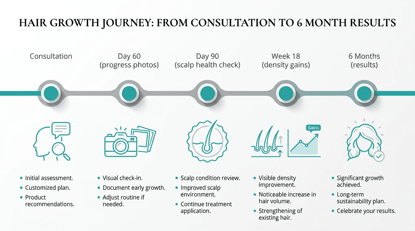 Horizontal infographic timeline showing stages from consultation to six months with checkpoints at day 60 (progress photos icon), day 90 (scalp health icon), and week 18 (density gains icon), using teal accents and clean line icons for clarity.