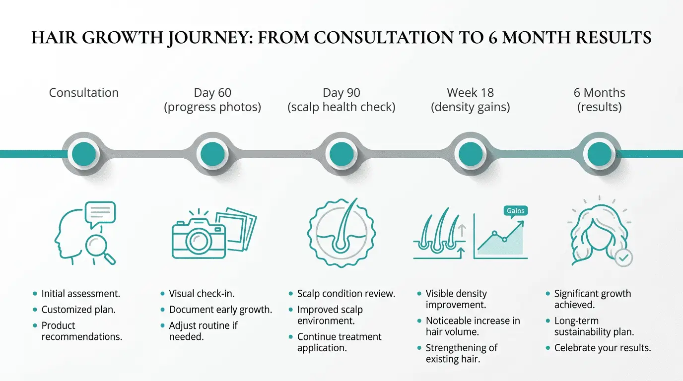 Horizontal infographic timeline showing stages from consultation to six months with checkpoints at day 60 (progress photos icon), day 90 (scalp health icon), and week 18 (density gains icon), using teal accents and clean line icons for clarity.