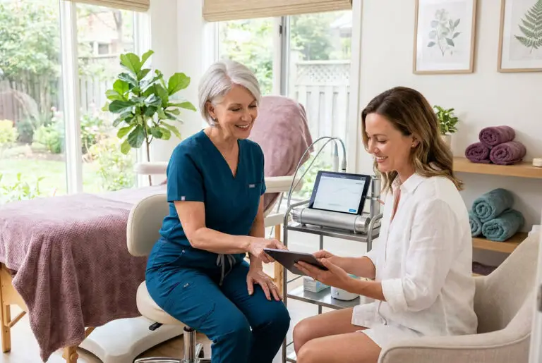 Provider in teal scrubs consults with a female patient in a bright medspa treatment room, discussing HydraFacial planning beside a treatment chair, tablet, and skincare device in a calm setting.