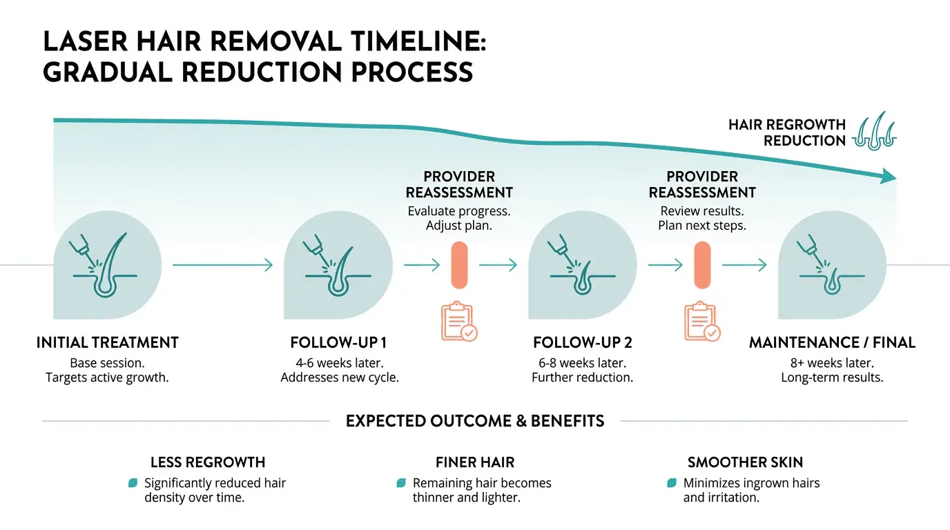 Horizontal infographic showing a laser hair removal timeline with repeated treatment session markers left-to-right, a simple line graph indicating gradual hair regrowth reduction, and labeled provider reassessment checkpoints. Clean, minimal clinical layout with clear headings and short labels for each milestone.