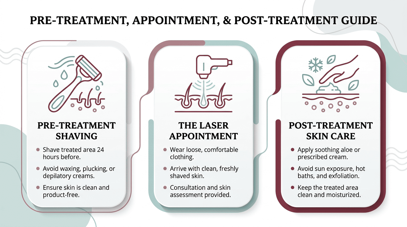 Infographic showing three clear columns for pre-treatment shaving, the laser appointment, and post-treatment skin care with clean line icons, short labels, and a calm medical-spa palette emphasizing maroon callouts and teal accents.