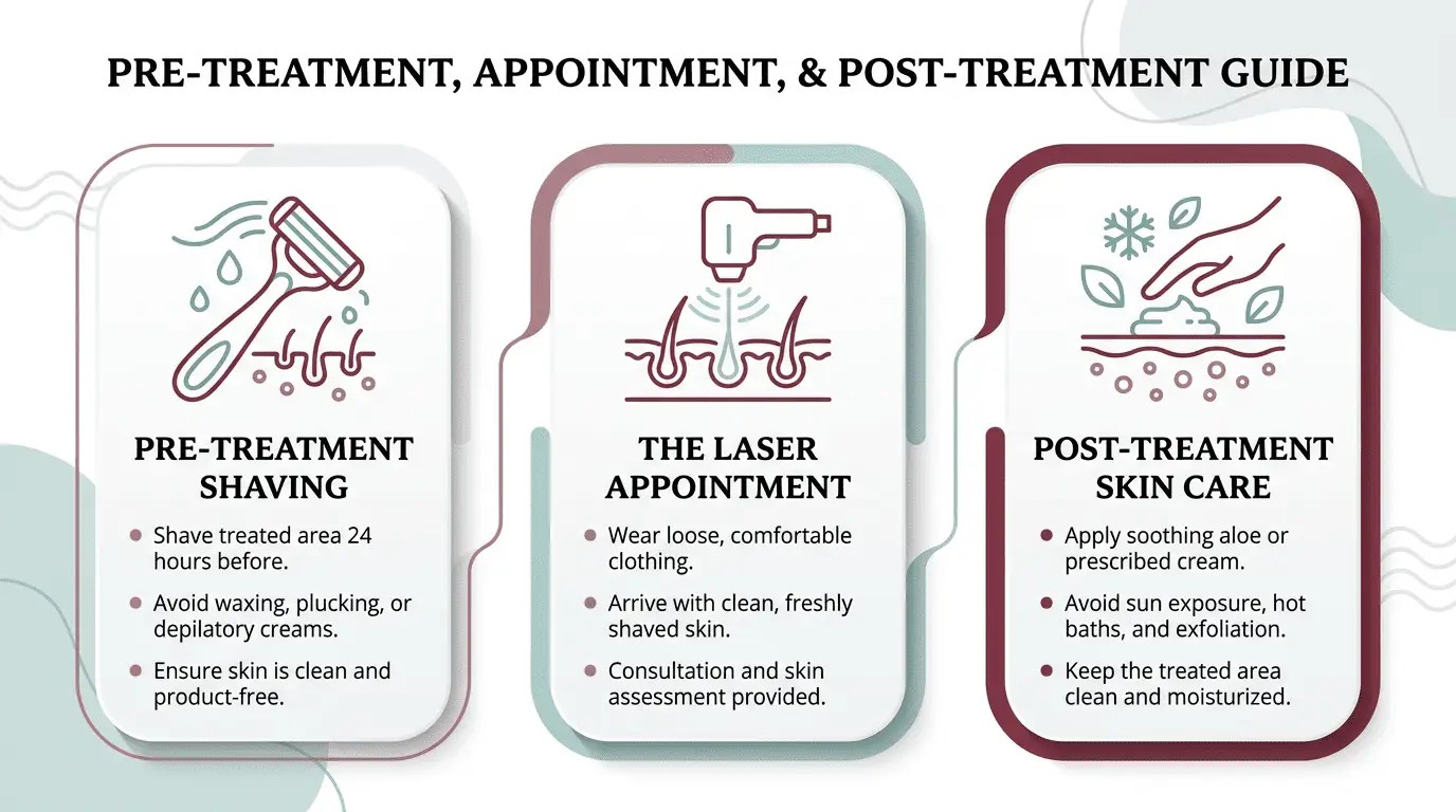 Infographic showing three clear columns for pre-treatment shaving, the laser appointment, and post-treatment skin care with clean line icons, short labels, and a calm medical-spa palette emphasizing maroon callouts and teal accents.