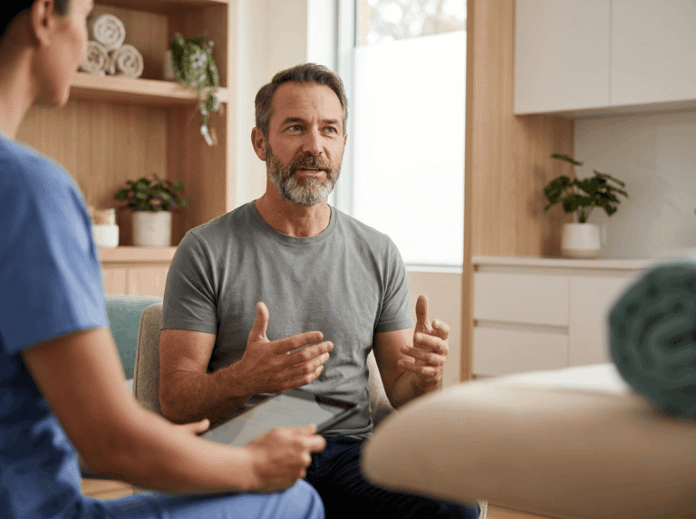 A man having a skin consultation about laser for broken capillaries vs sclerotherapy on face with a provider.