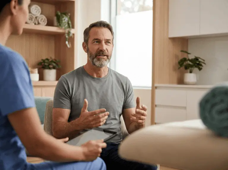 A man having a skin consultation about laser for broken capillaries vs sclerotherapy on face with a provider.