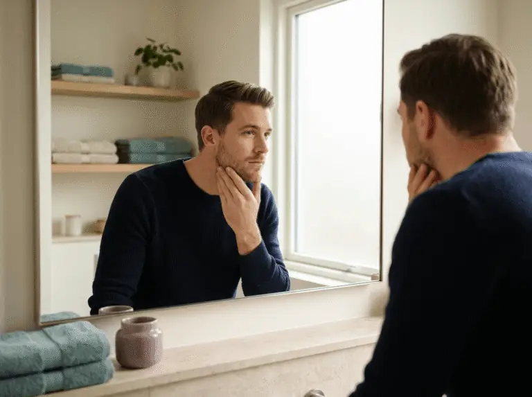 A man checking his jawline using a bathroom mirror.