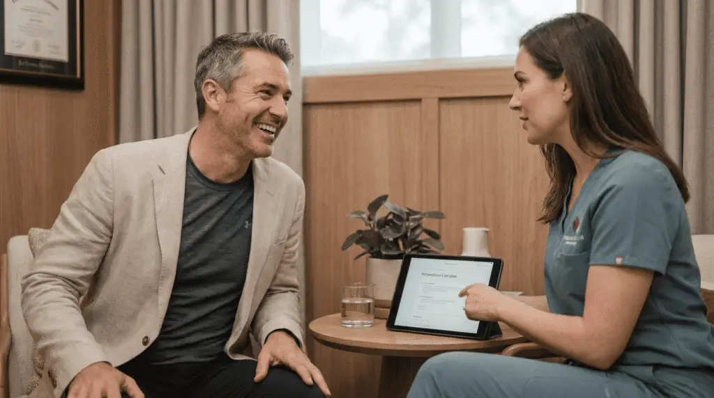 A well-groomed adult man in athletic-casual clothing consults with a medspa provider in scrubs in a clean, private consultation room with warm wooden accents and natural lighting, focusing on a friendly, attentive interaction. The image emphasizes personalized care, soft neutral tones, and a shallow depth of field to keep the subjects as the clear focal point.