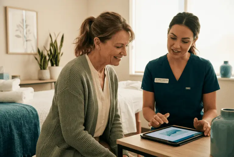 Warm, welcoming medical spa consultation showing a client and provider seated together reviewing a treatment plan on a tablet in a modern treatment room with soft towels and artwork. The scene is lit with warm ambient light and framed to emphasize the tablet and the clients' engaged expressions.