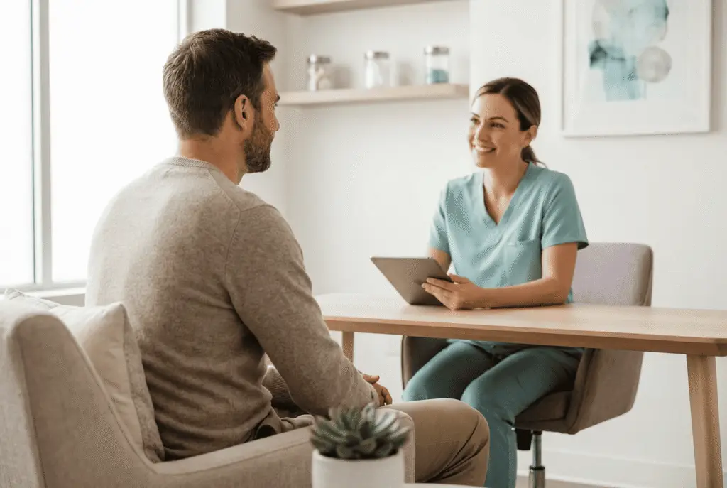A well-groomed man in his thirties sits in a bright, private medspa consultation room speaking with a medical provider in scrubs; the atmosphere is calm, modern, and welcoming. The composition shows a candid, engaged consultation with soft natural light and uncluttered surroundings.