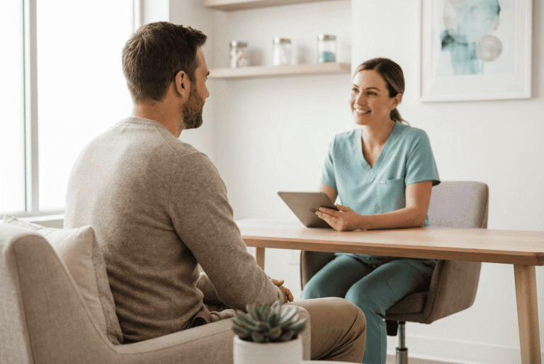 A well-groomed man in his thirties sits in a bright, private medspa consultation room speaking with a medical provider in scrubs; the atmosphere is calm, modern, and welcoming. The composition shows a candid, engaged consultation with soft natural light and uncluttered surroundings.