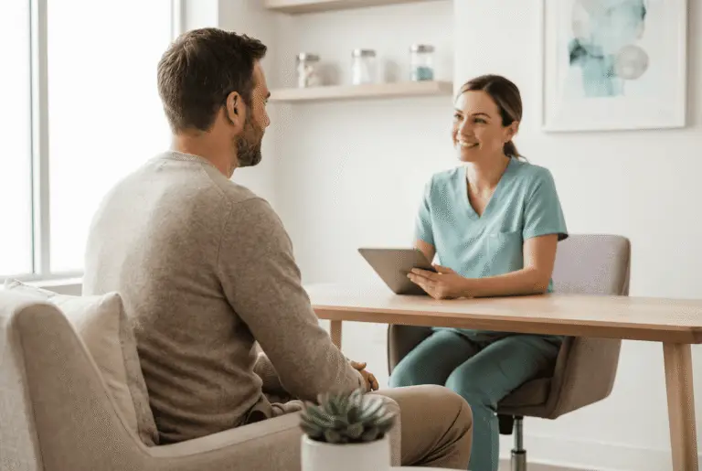 A well-groomed man in his thirties sits in a bright, private medspa consultation room speaking with a medical provider in scrubs; the atmosphere is calm, modern, and welcoming. The composition shows a candid, engaged consultation with soft natural light and uncluttered surroundings.