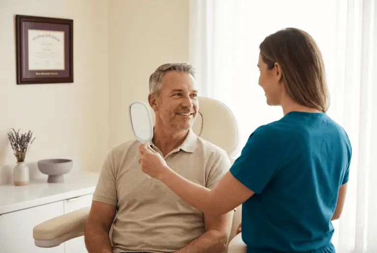 A middle-aged man sits in a medspa consultation chair looking into a hand mirror held by a provider in teal scrubs in a softly lit, uncluttered treatment room.