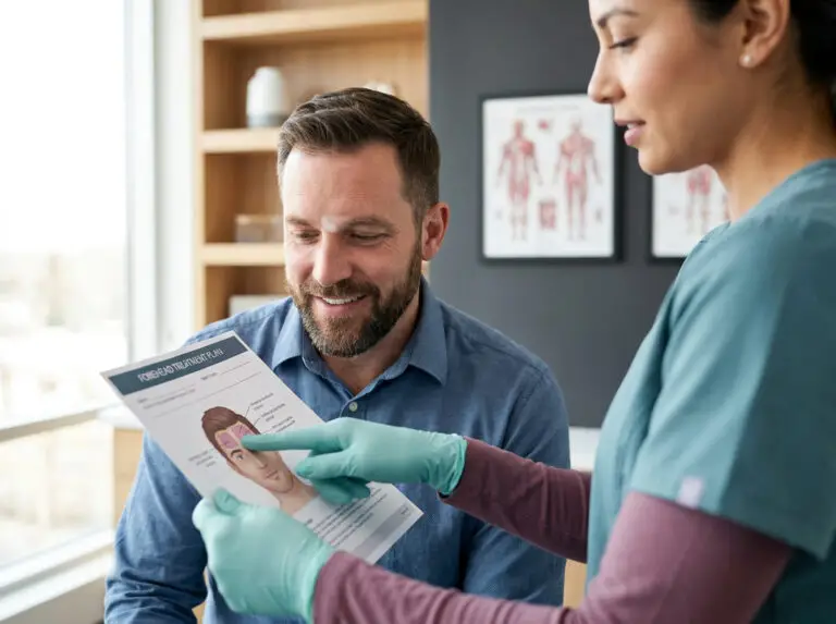 Male client discussing forehead Botox treatment with female provider in scrubs during a bright medspa consultation, focused on treatment planning, natural expressions, clean setting, soft branding colors, and professionalism.