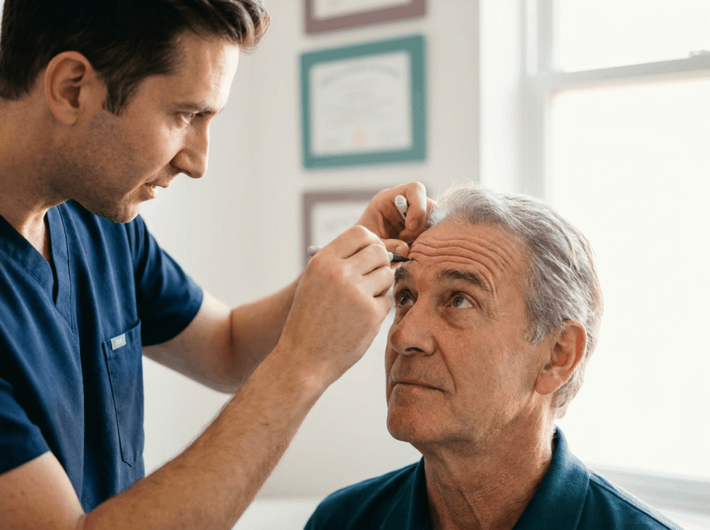 Close-up consultation showing a provider in navy scrubs assessing an older male client's forehead as he raises his brows, captured in a bright clinic room with soft natural light.