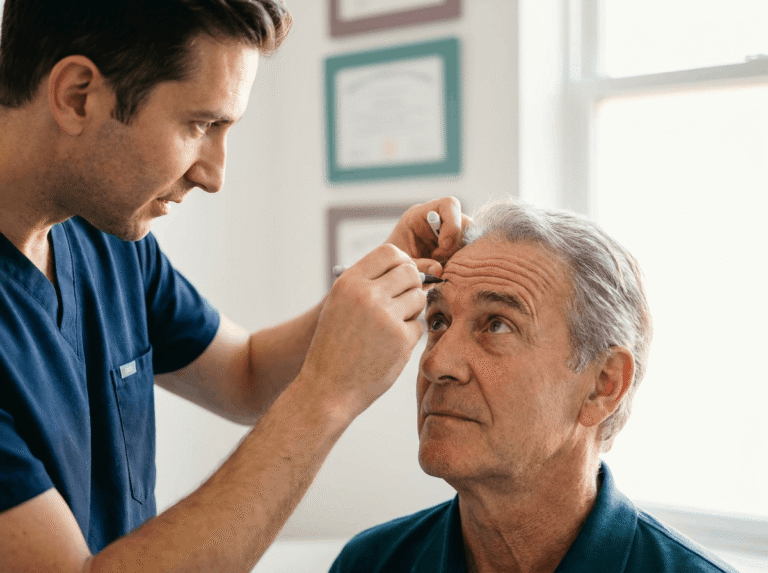 Close-up consultation showing a provider in navy scrubs assessing an older male client's forehead as he raises his brows, captured in a bright clinic room with soft natural light.
