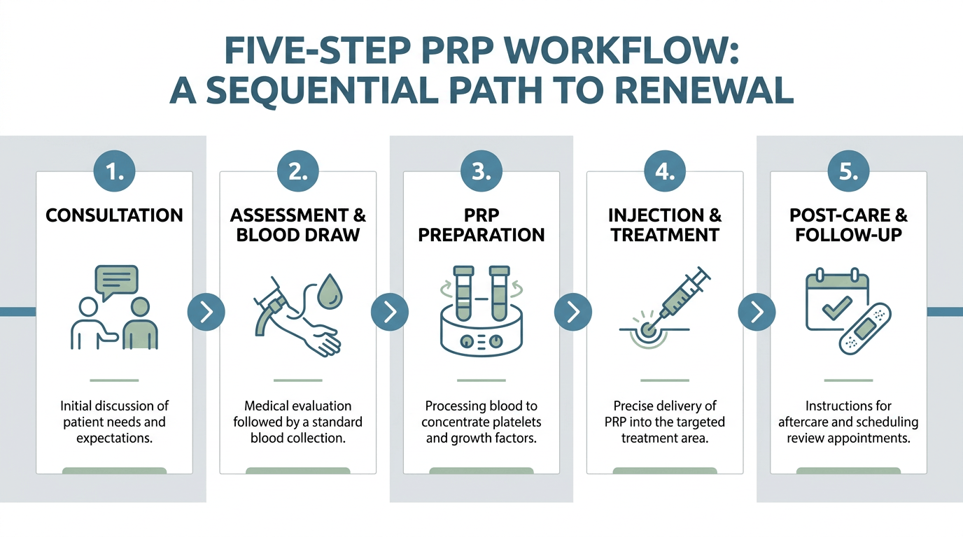 Horizontal infographic showing a five-step PRP treatment workflow from consultation to post-care with numbered cards, simple line icons, and brand teal accents on a white background for clear progression and readability.