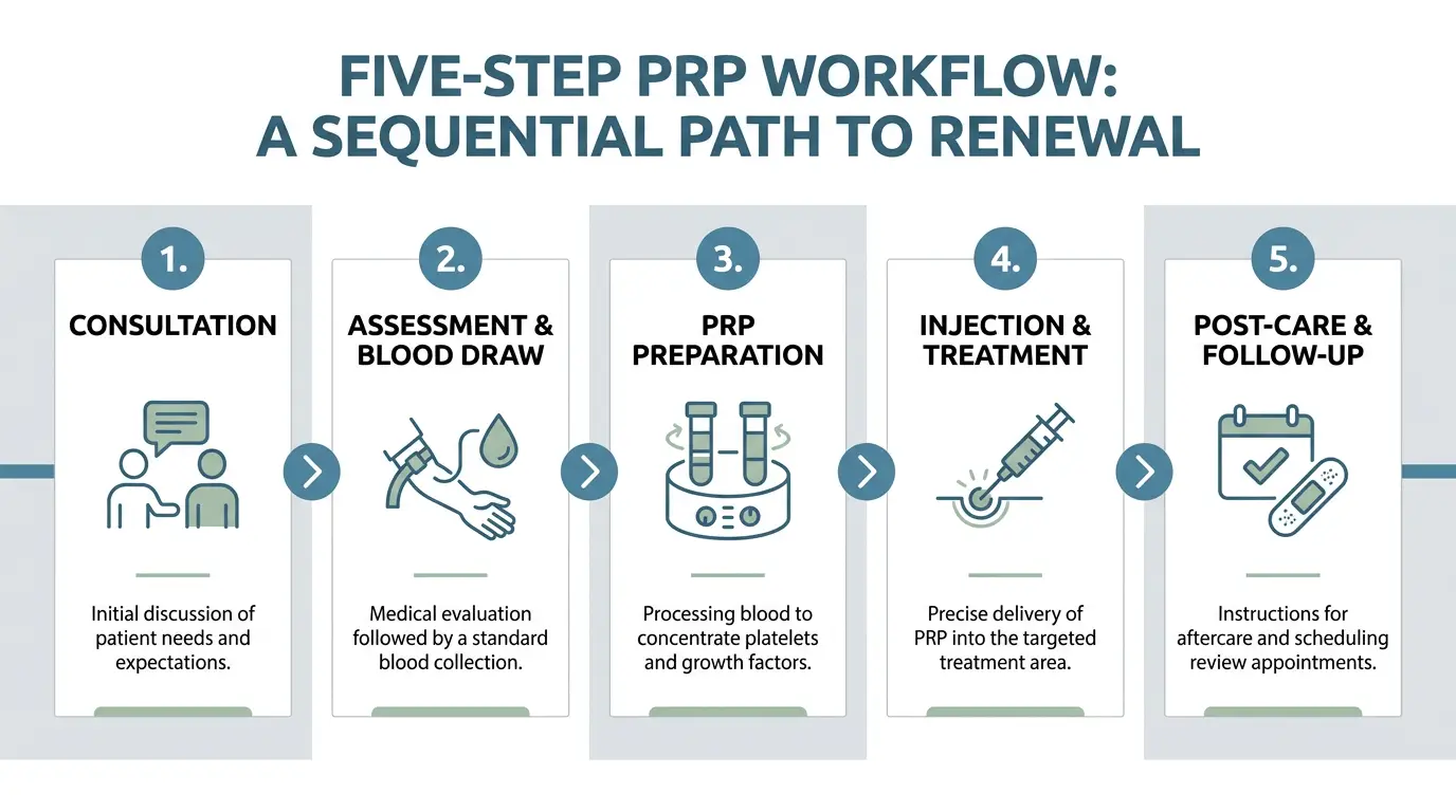 Horizontal infographic showing a five-step PRP treatment workflow from consultation to post-care with numbered cards, simple line icons, and brand teal accents on a white background for clear progression and readability.