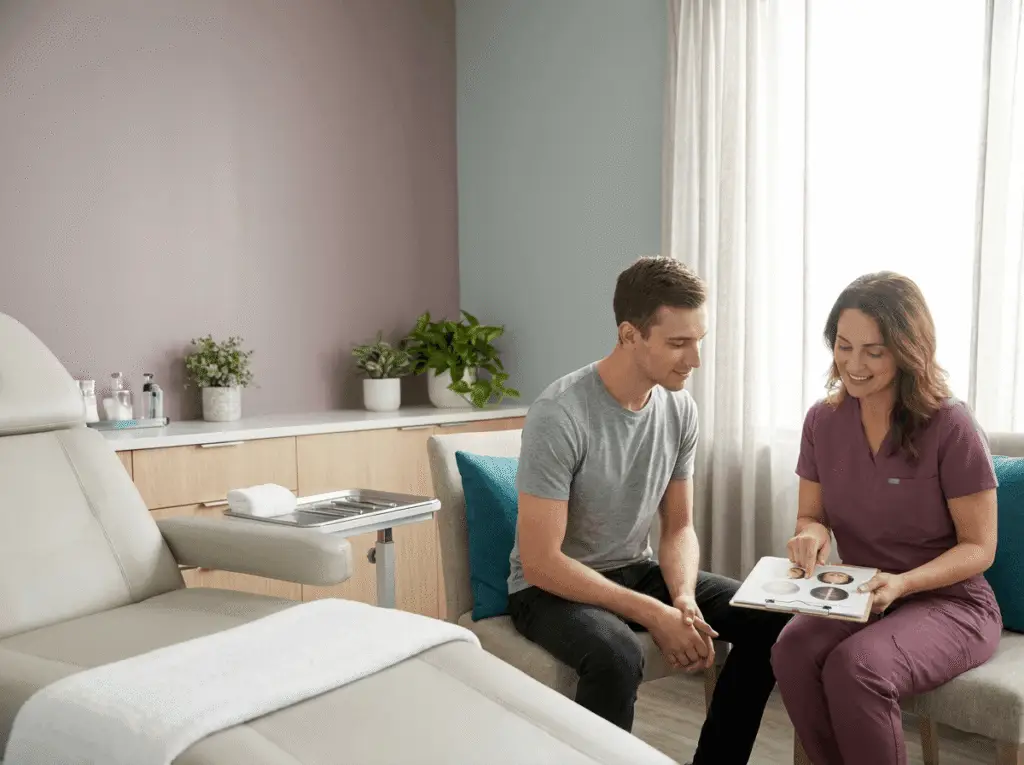 Provider consults with client about PRP hair restoration in a bright Greensboro medspa room, emphasizing personalized care, natural-looking results, and a calm, welcoming setting for treatment planning.