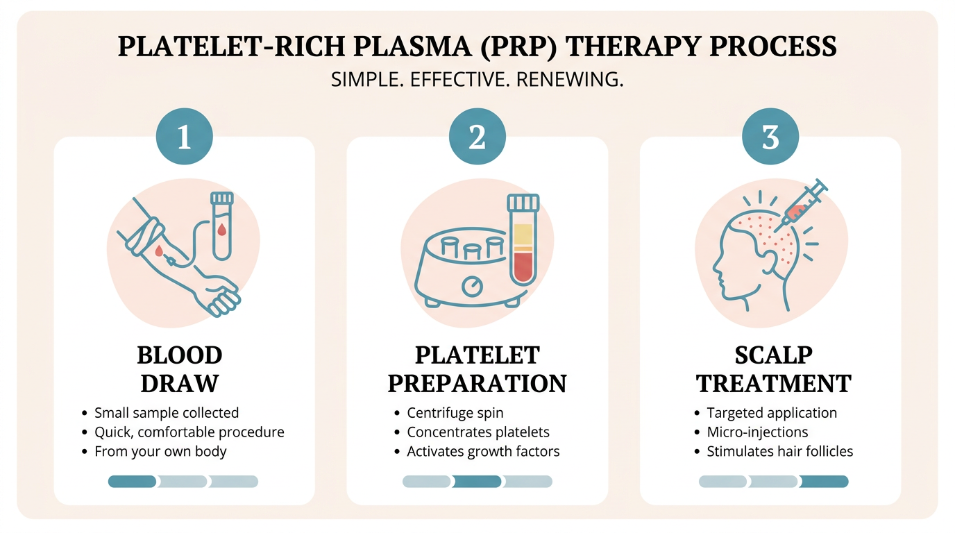 Three-step PRP process infographic showing blood draw, platelet preparation, and scalp treatment in clean panels with simple icons and concise labels for quick comprehension.
