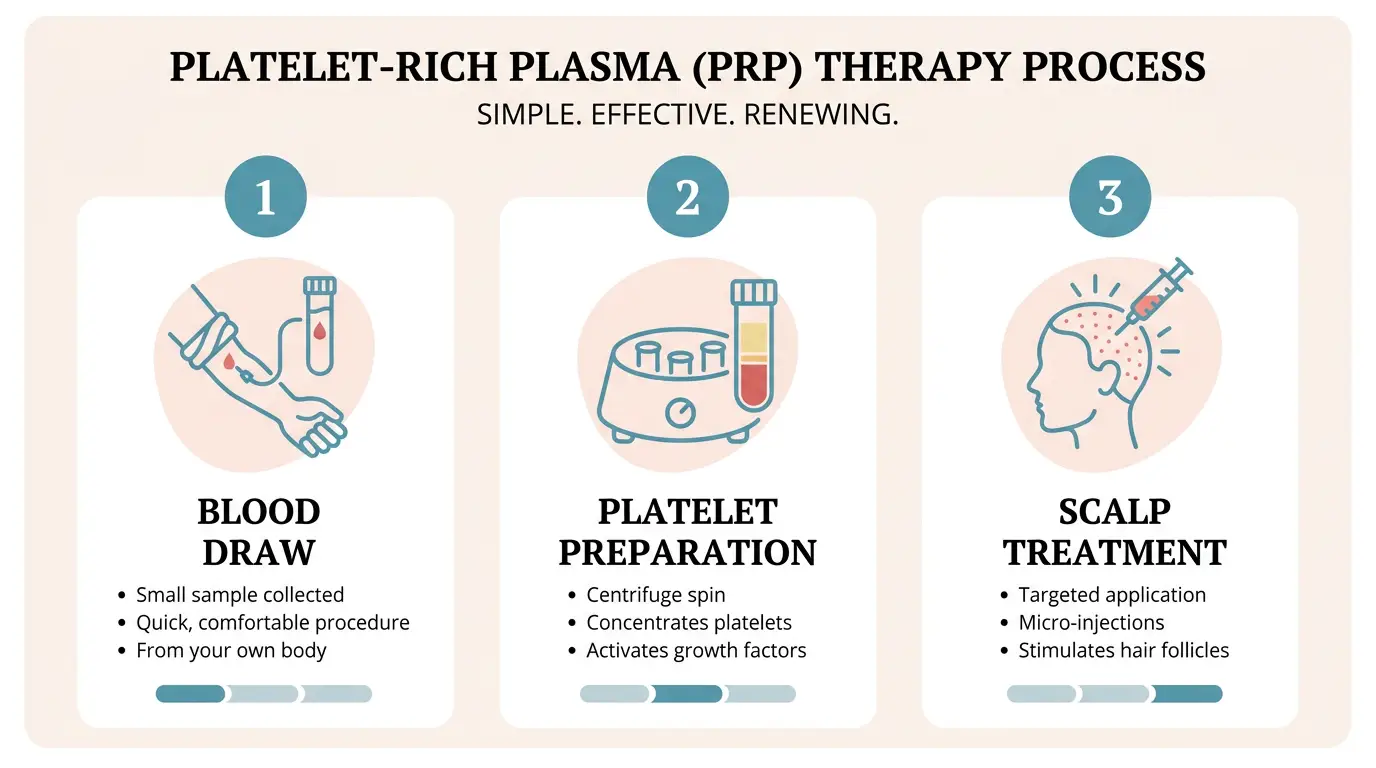 Three-step PRP process infographic showing blood draw, platelet preparation, and scalp treatment in clean panels with simple icons and concise labels for quick comprehension.