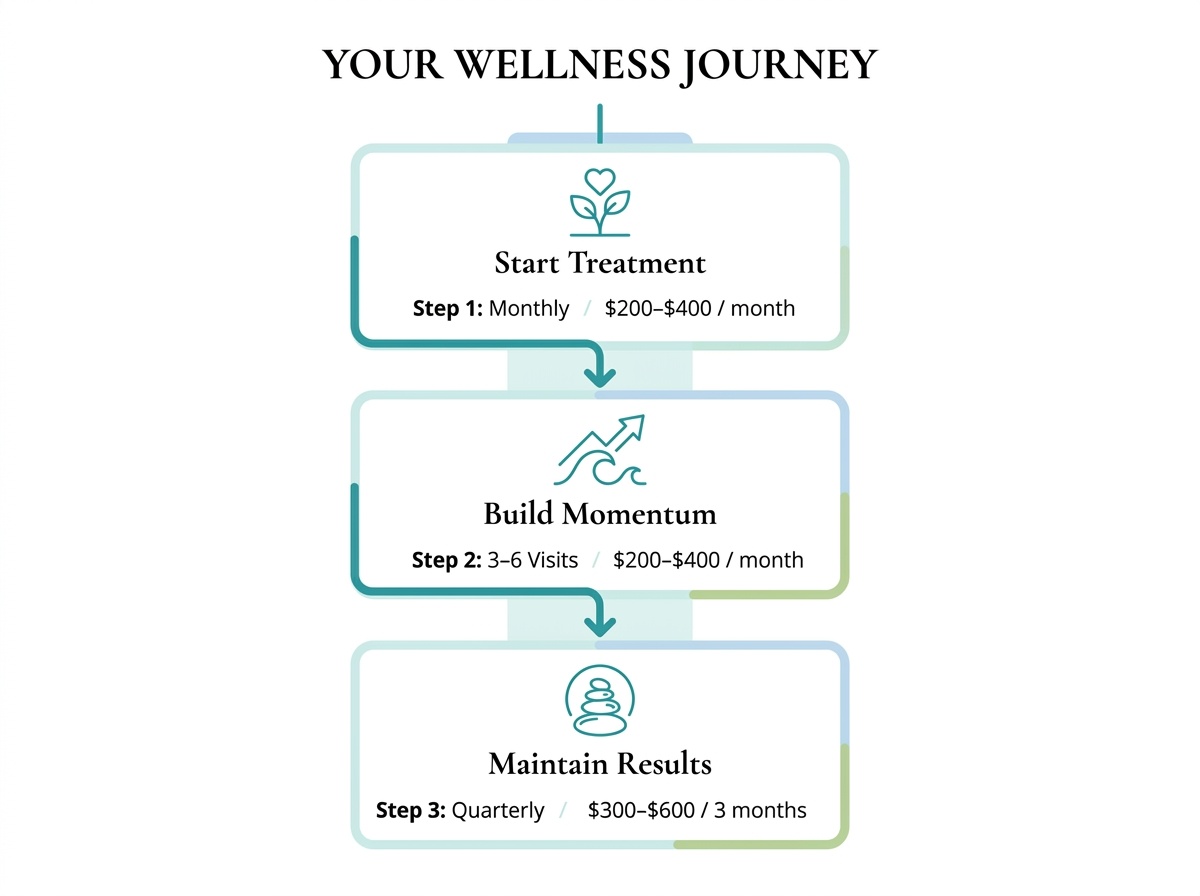 Three-step medspa budget flowchart showing start treatment, build momentum, and maintain results, with monthly and quarterly timing, cost ranges, and simple wellness icons on a clean branded background.